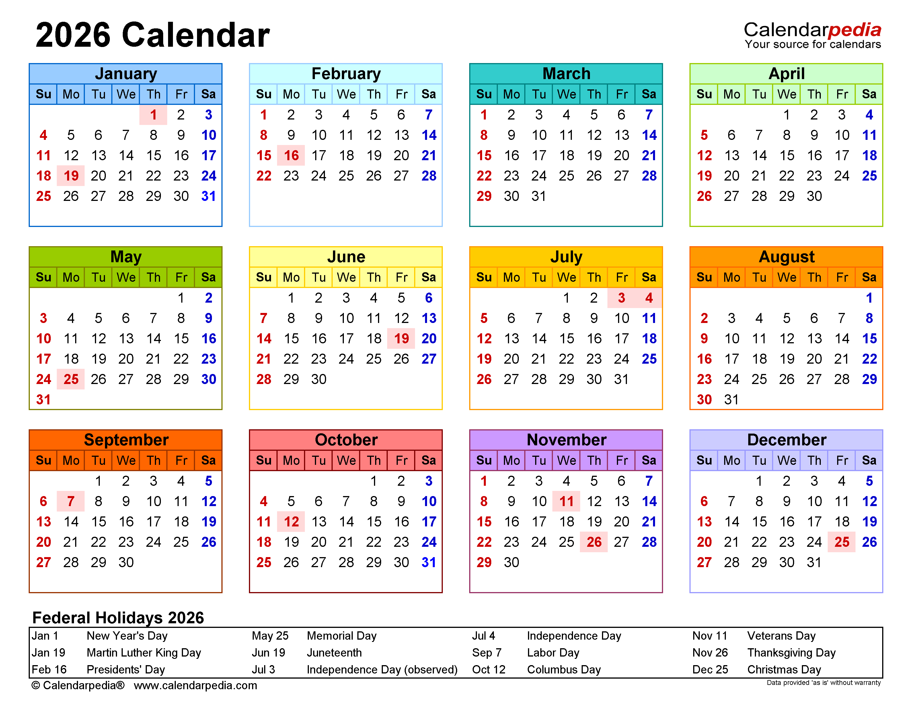 Free Printable 2026 Calendar With Holidays Usa Pdf Dominic H Newman