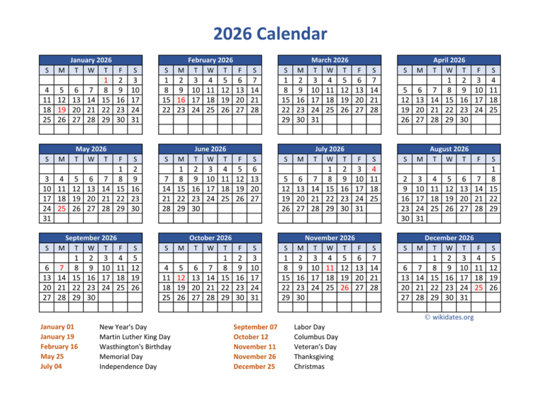 Free Printable 2026 Calendar With Holidays Usa Pdf Dominic H Newman