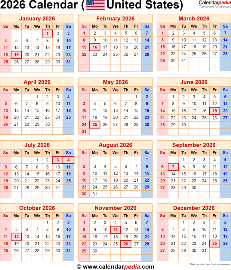 Free Printable 2026 Calendar With Holidays Usa Pdf Matilda H Hartnett