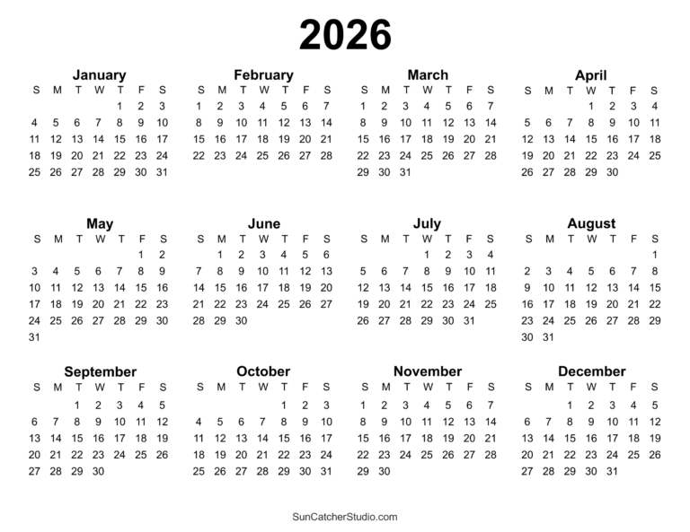 Free Printable 2026 Yearly Calendar DIY Projects Patterns Monograms 