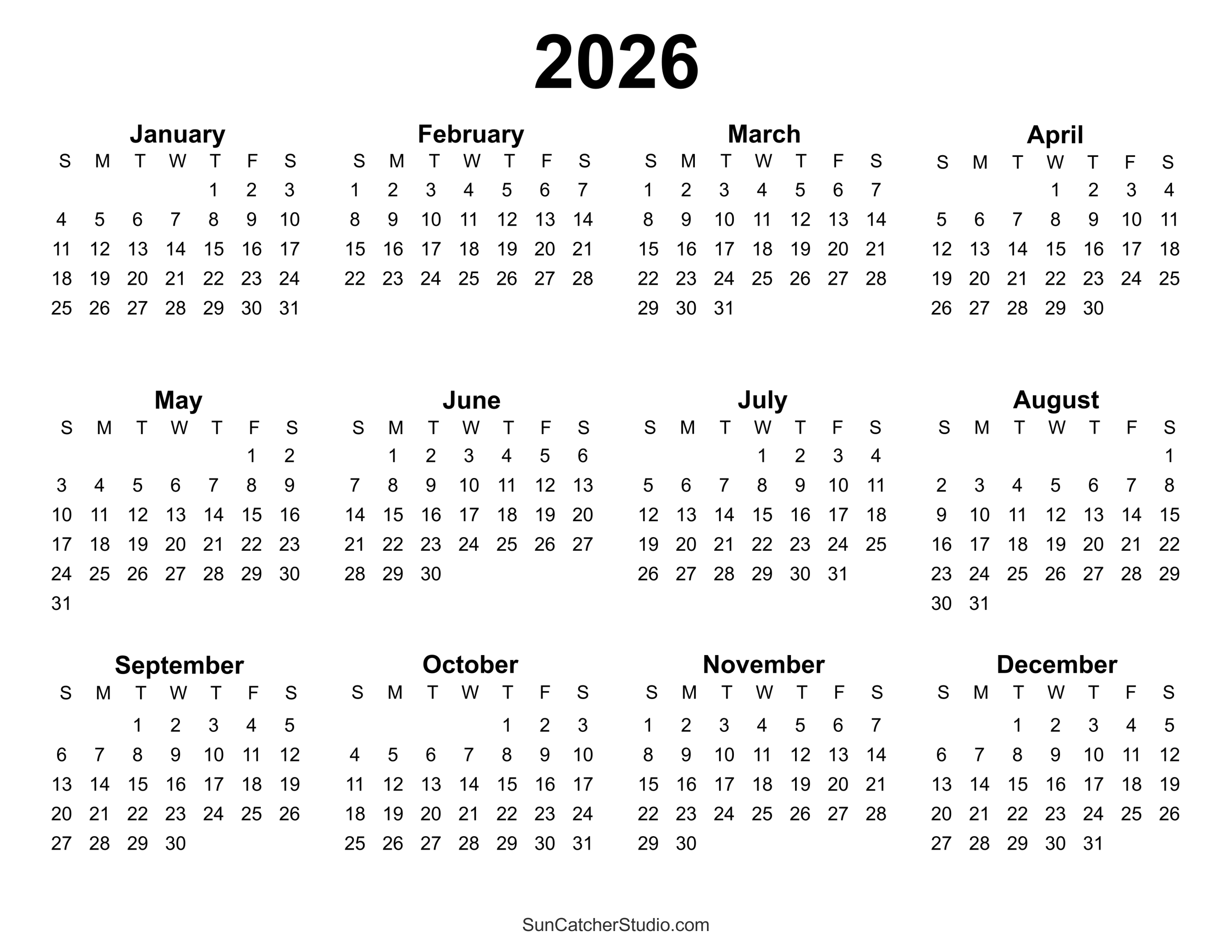 Free Printable 2026 Yearly Calendar DIY Projects Patterns Monograms 