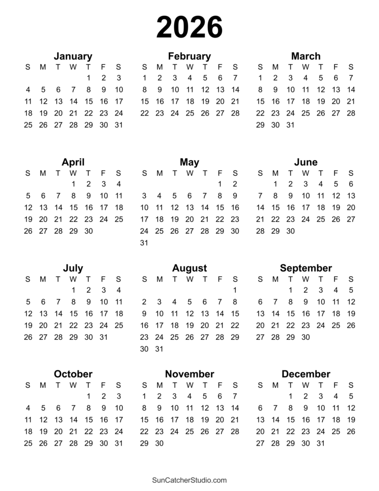 Free Printable 2026 Yearly Calendar DIY Projects Patterns Monograms 