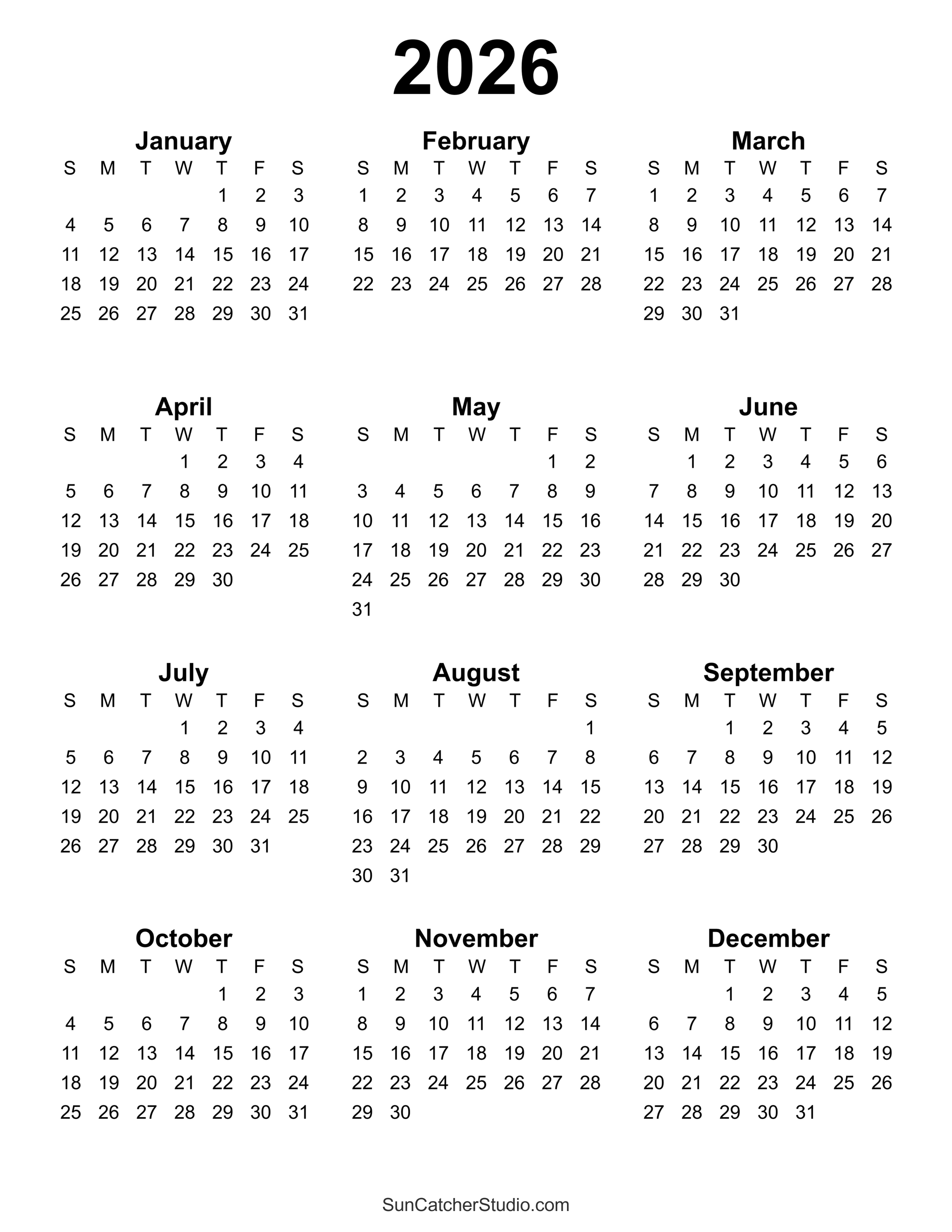 Free Printable 2026 Yearly Calendar DIY Projects Patterns Monograms