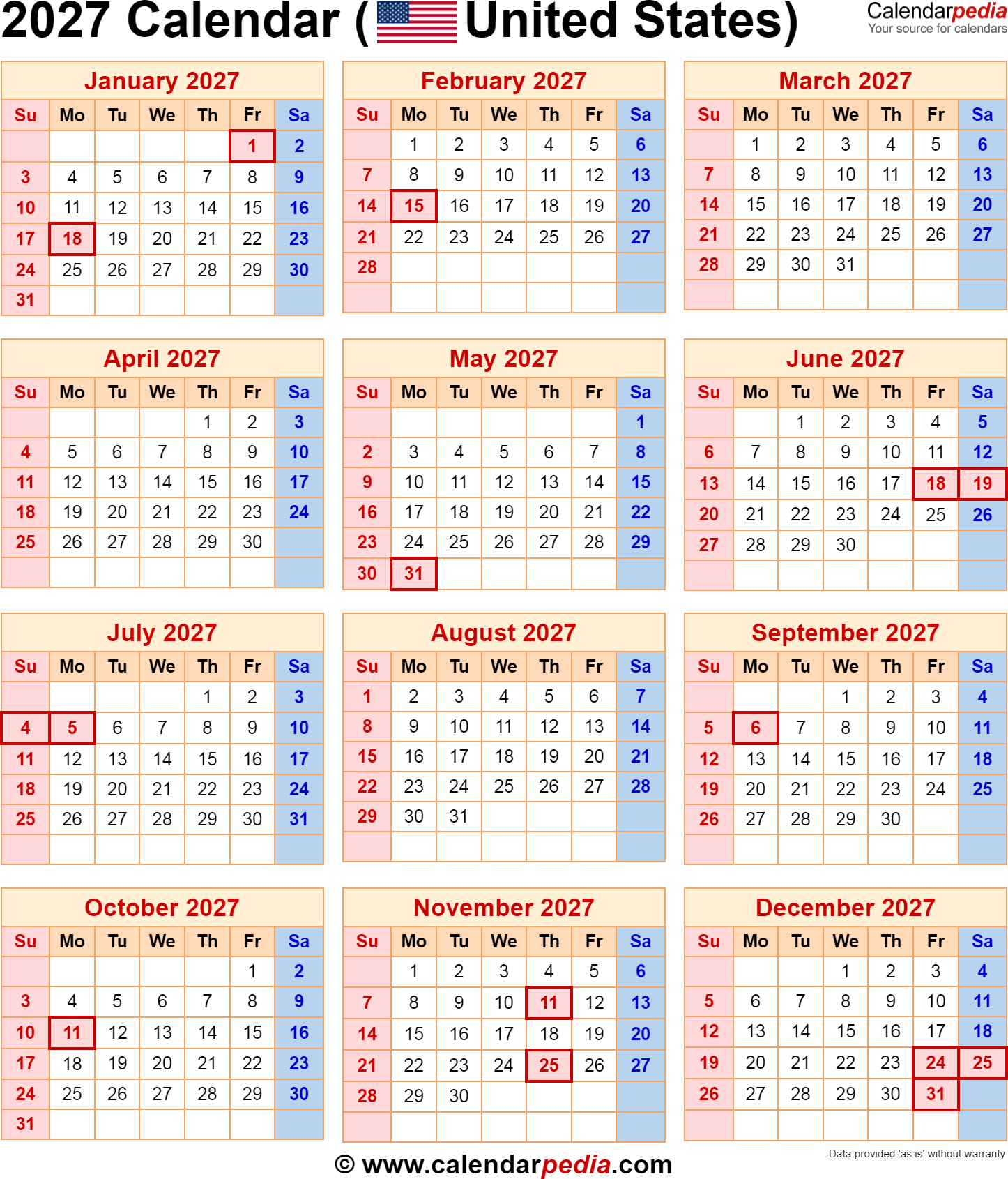 Free Printable 2027 Calendar With Holidays Us Pdf David S Stell