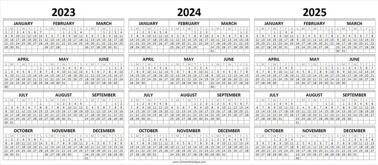 Free Printable Calendar 2023 2024 2025 Blank Three Year Calendar All 
