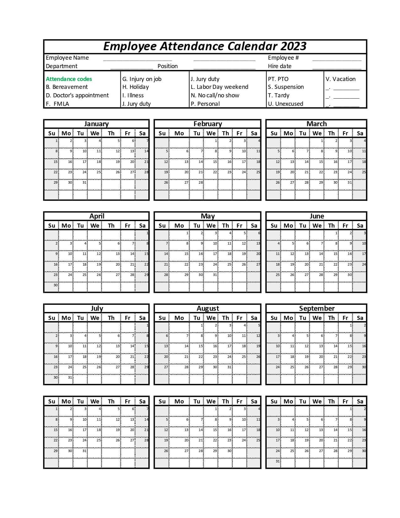 Free Printable Employee Attendance Calendar 2025 Printable Calendars