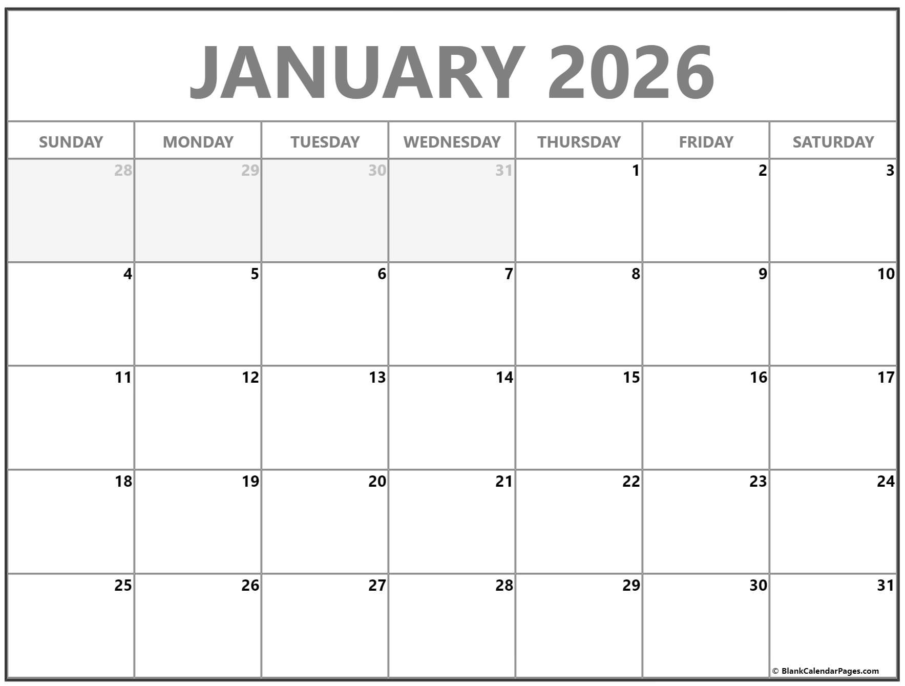 January 2026 Calendar Free Printable Calendars