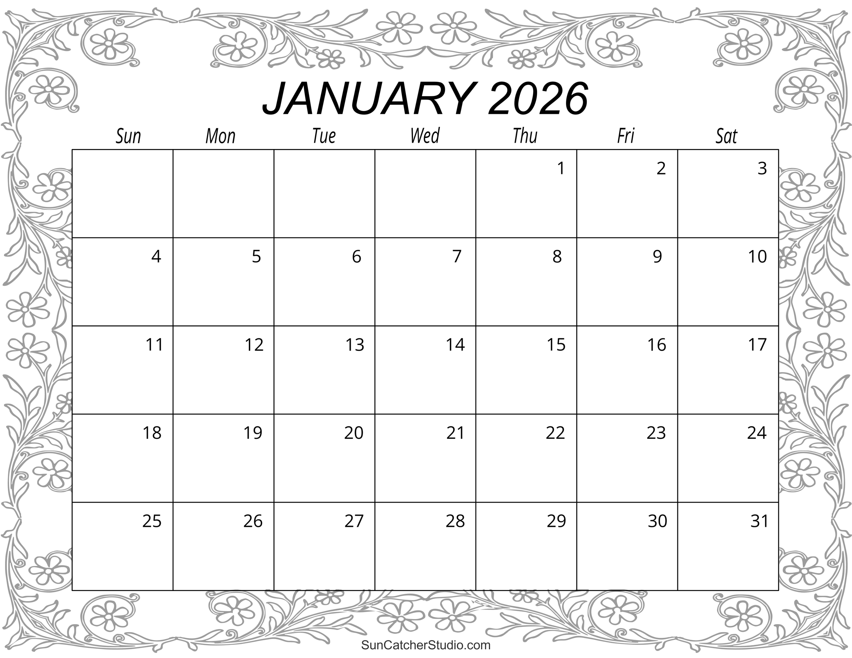 January 2026 Calendar Free Printable DIY Projects Patterns 