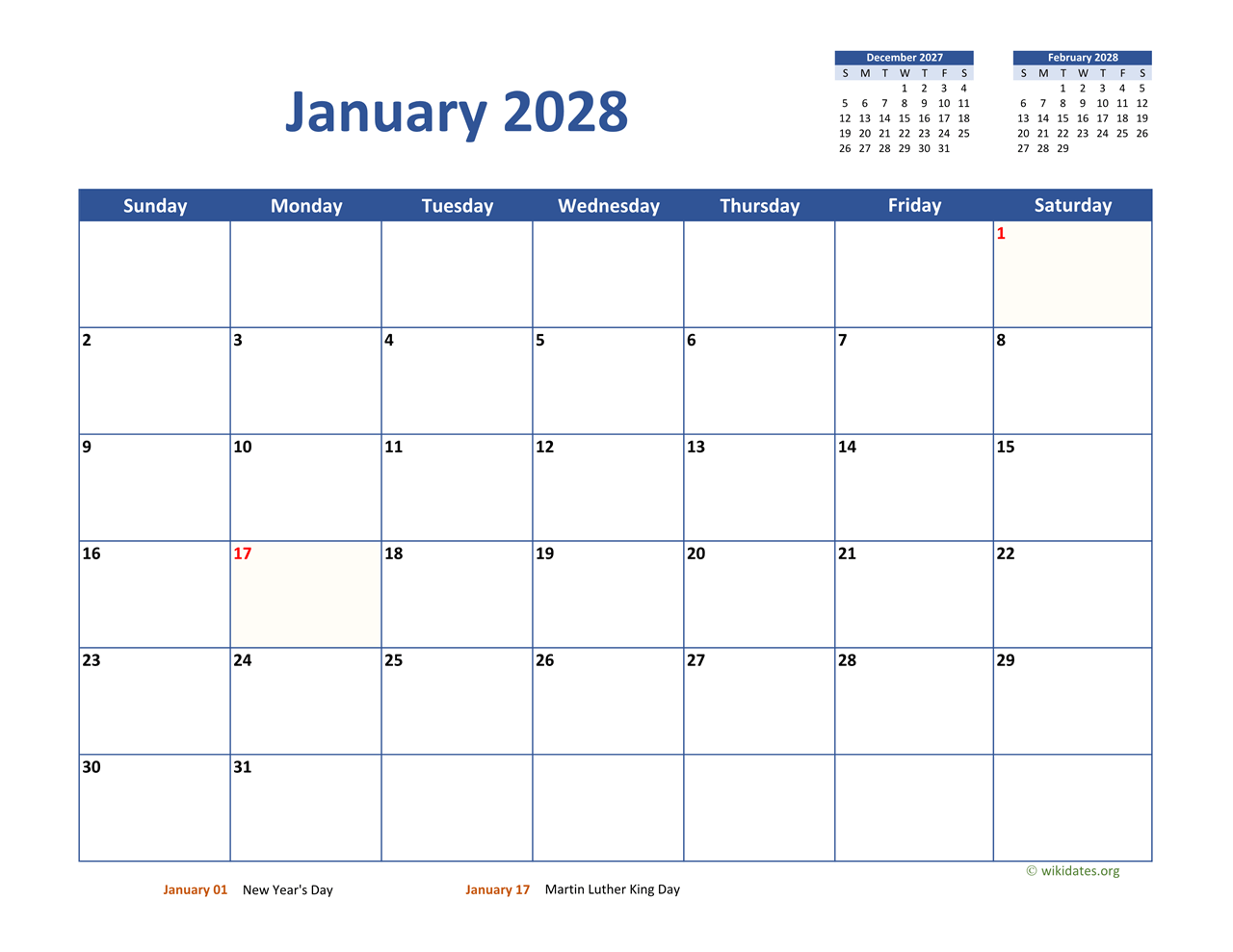 January 2028 Calendar Classic WikiDates
