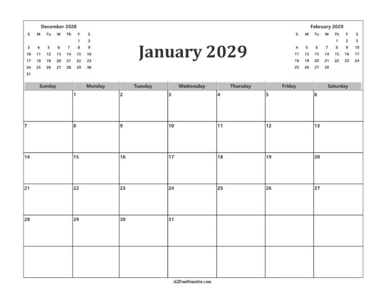 January 2029 Calendar Free Printable