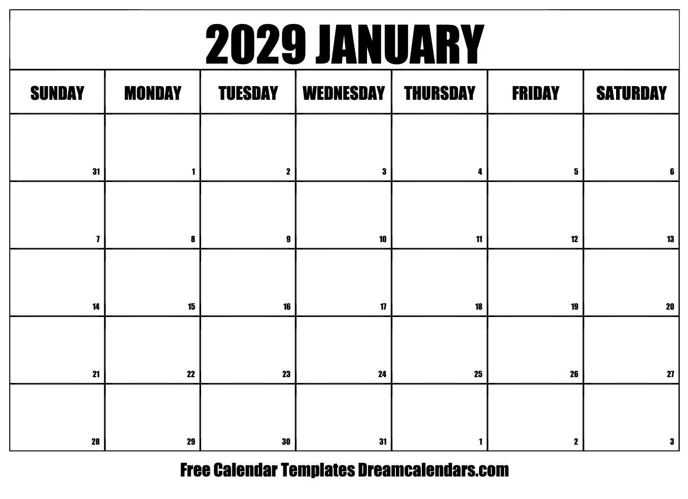 January 2029 Calendar Free Printable With Holidays And Observances