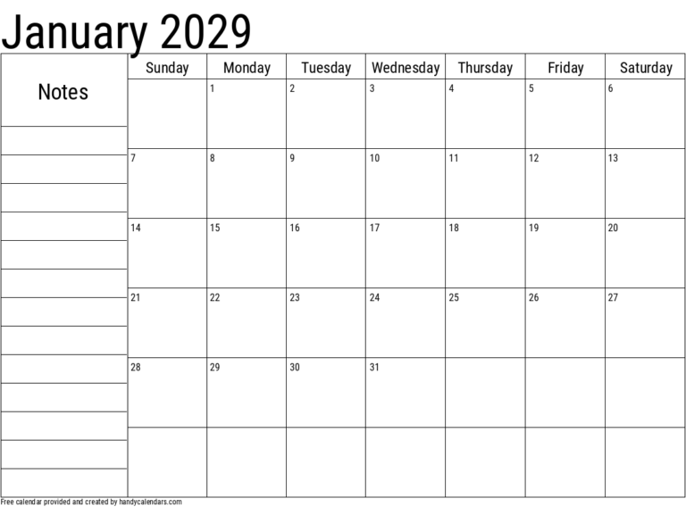 January 2029 Calendar With Notes Handy Calendars