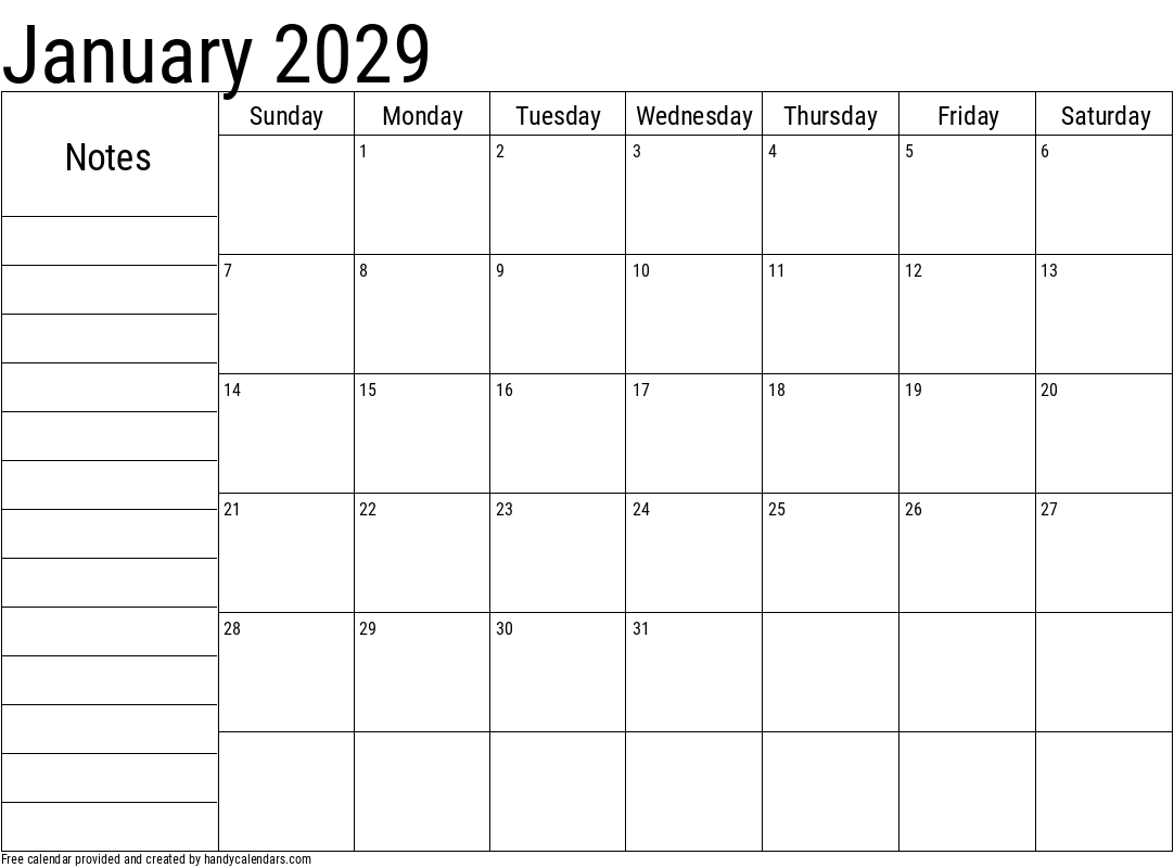 January 2029 Calendar With Notes Handy Calendars