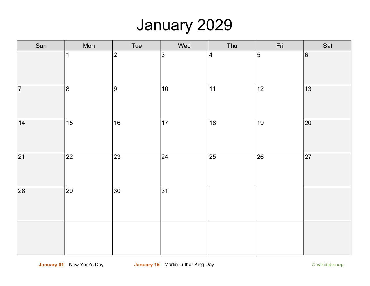 January 2029 Calendar With Weekend Shaded WikiDates