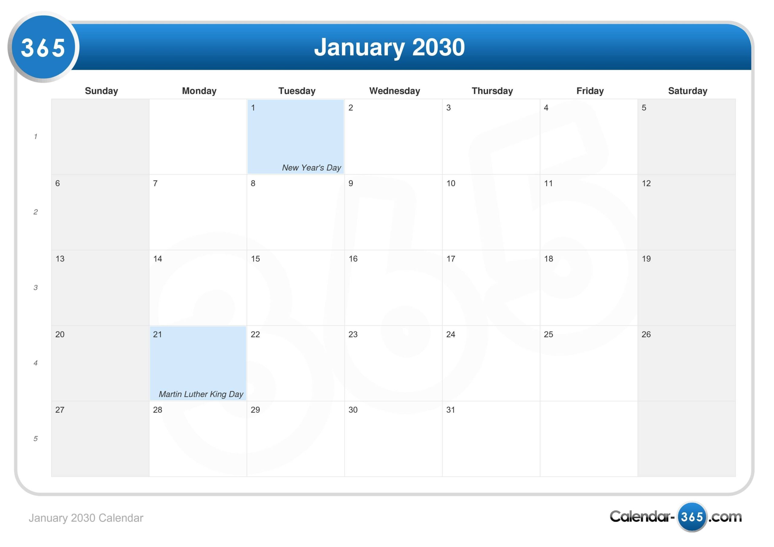 January 2030 Calendar