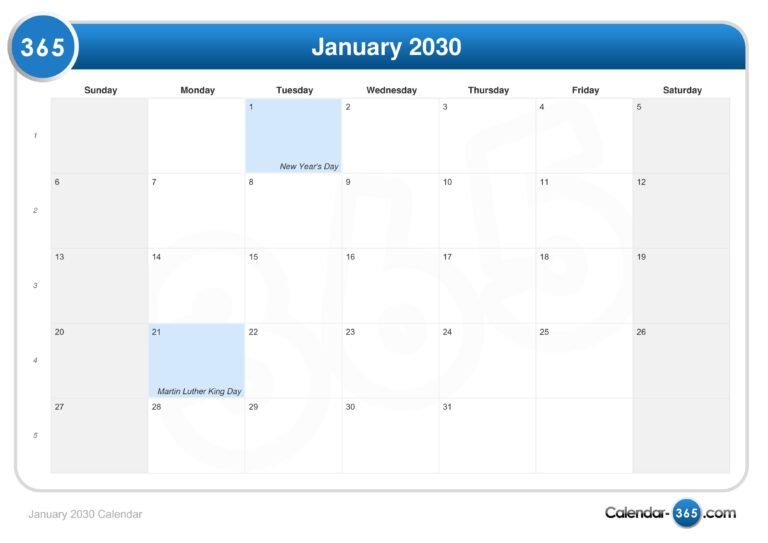 January 2030 Calendar
