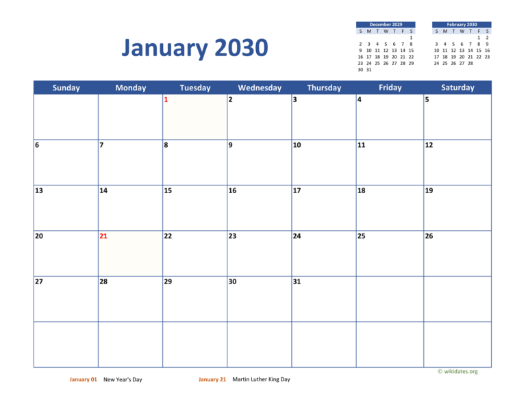 January 2030 Calendar Classic WikiDates