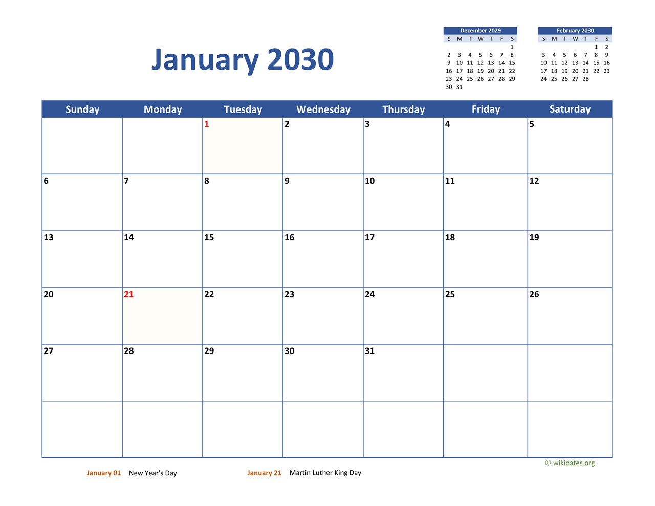 January 2030 Calendar Classic WikiDates
