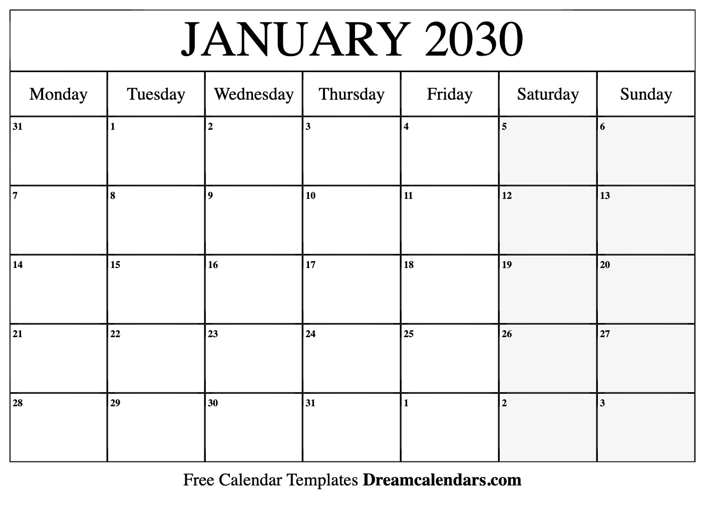 January 2030 Calendar Free Printable With Holidays And Observances