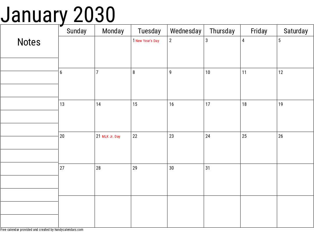 January 2030 Calendar With Notes And Holidays Handy Calendars