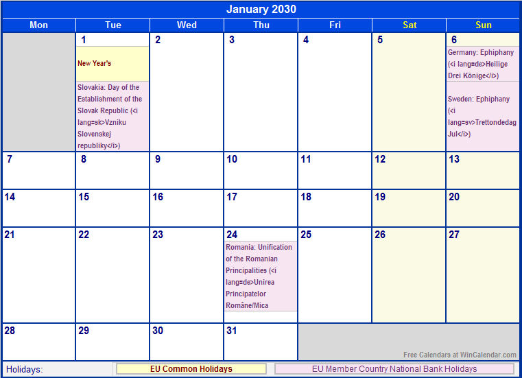 January 2030 EU Calendar With Holidays For Printing image Format 