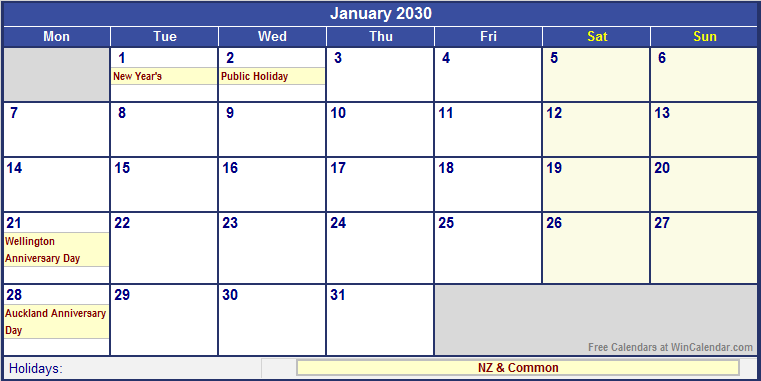 January 2030 New Zealand Calendar With Holidays For Printing image Format 