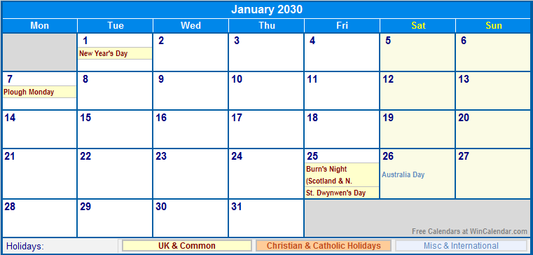 January 2030 UK Calendar With Holidays For Printing image Format 