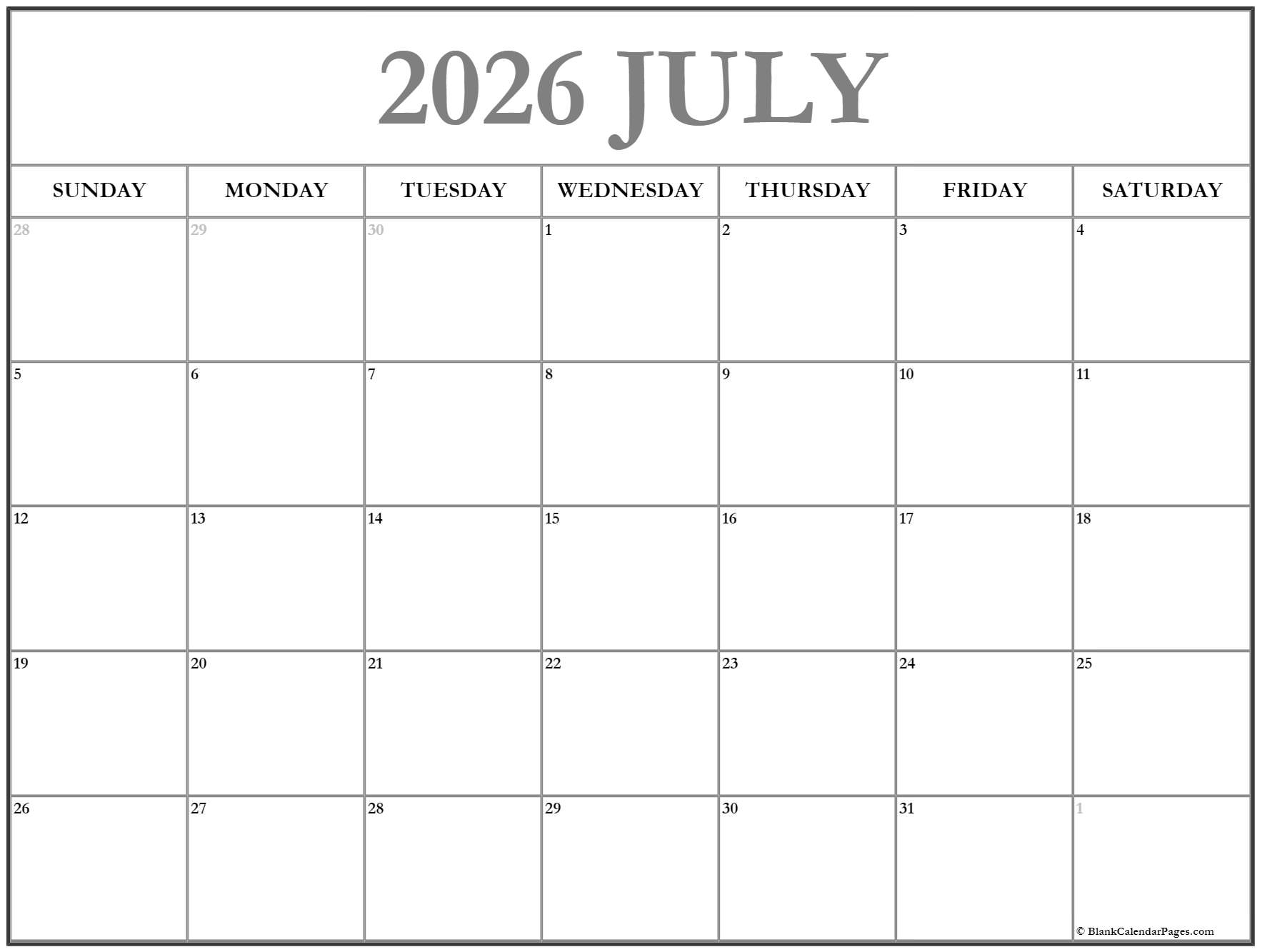 July 2026 Calendar Free Printable Calendars