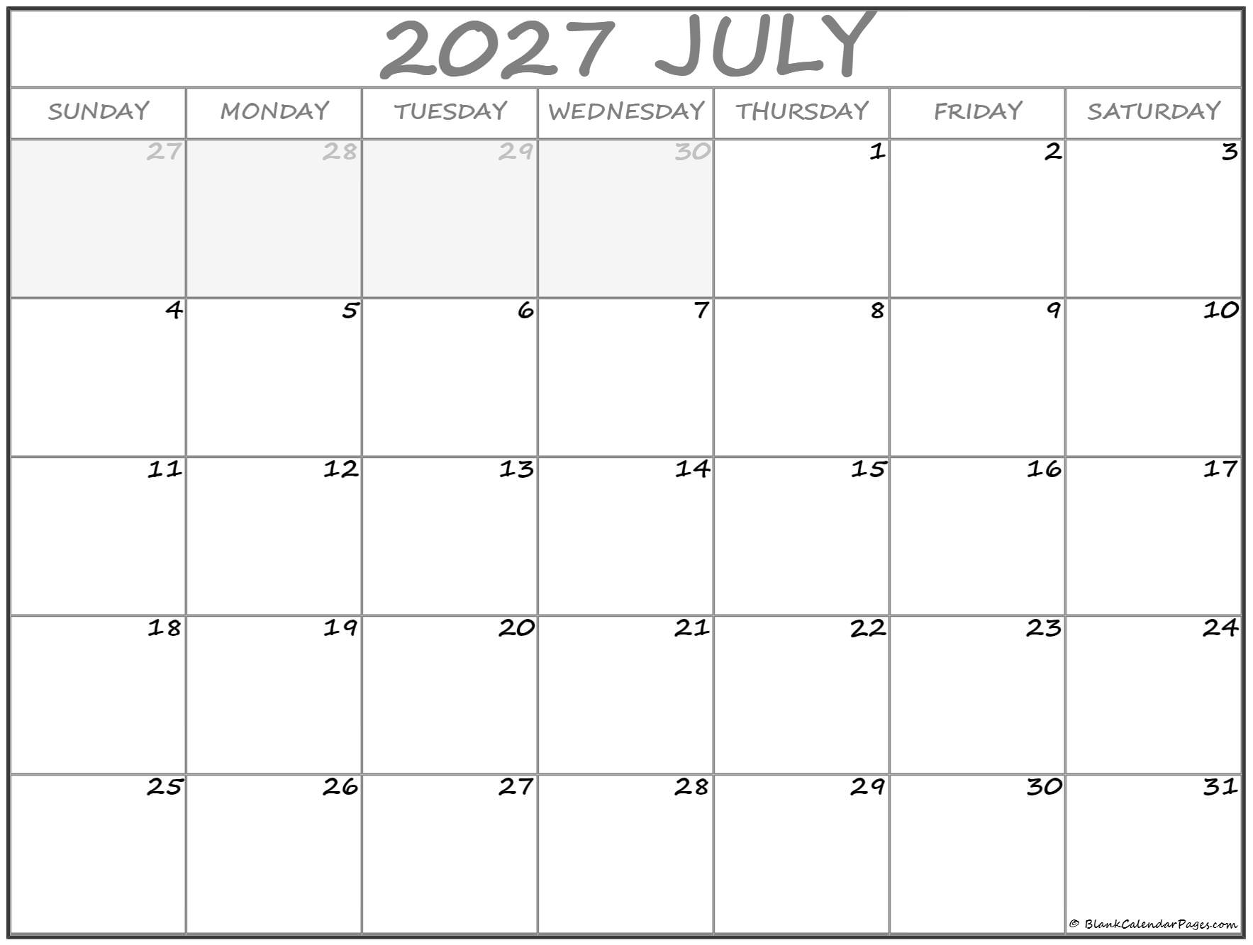 July 2027 Calendar Free Printable Calendars