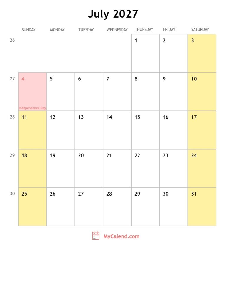 July 2027 Calendar With Holidays Monthly Printable Calendar