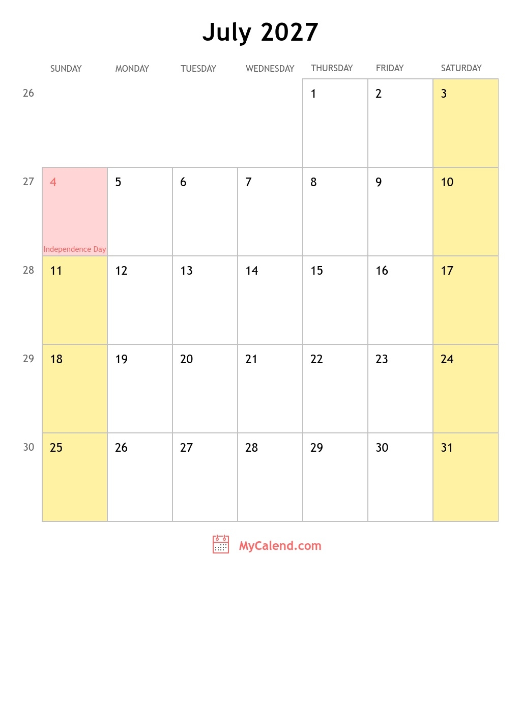 July 2027 Calendar With Holidays Monthly Printable Calendar