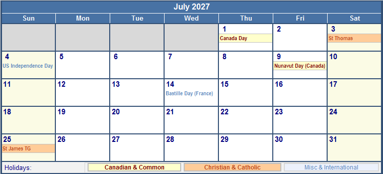 July 2027 Canada Calendar With Holidays For Printing image Format 