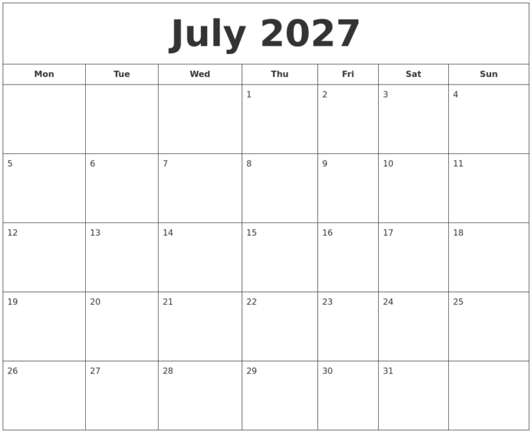 July 2027 Printable Calendar