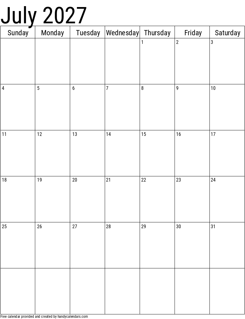 July 2027 Vertical Calendar Handy Calendars
