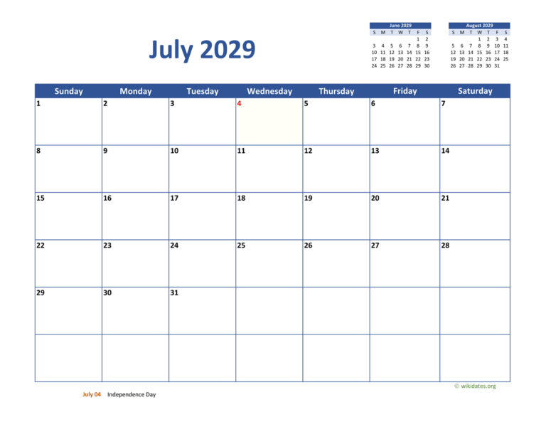July 2029 Calendar Classic WikiDates