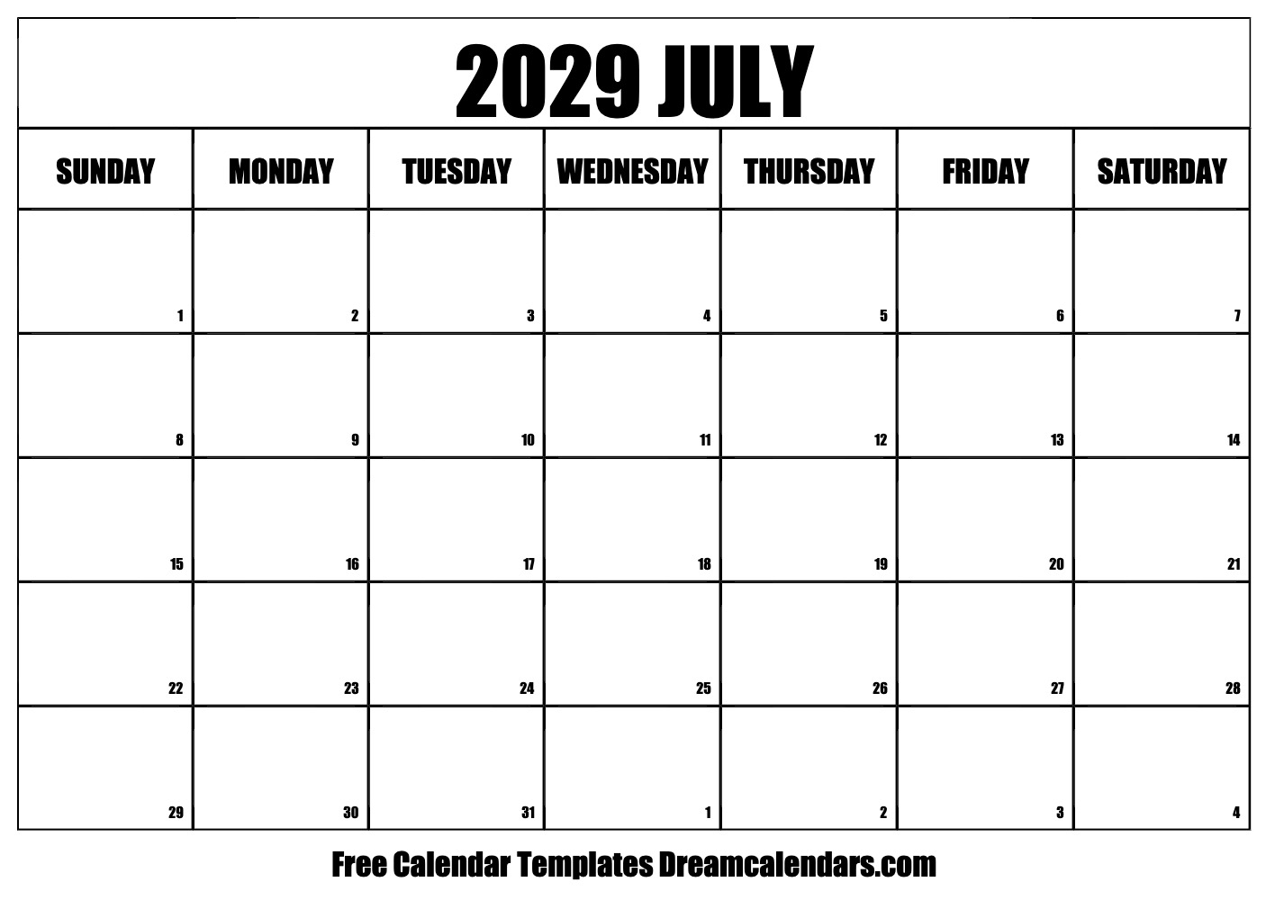 July 2029 Calendar Free Printable With Holidays And Observances
