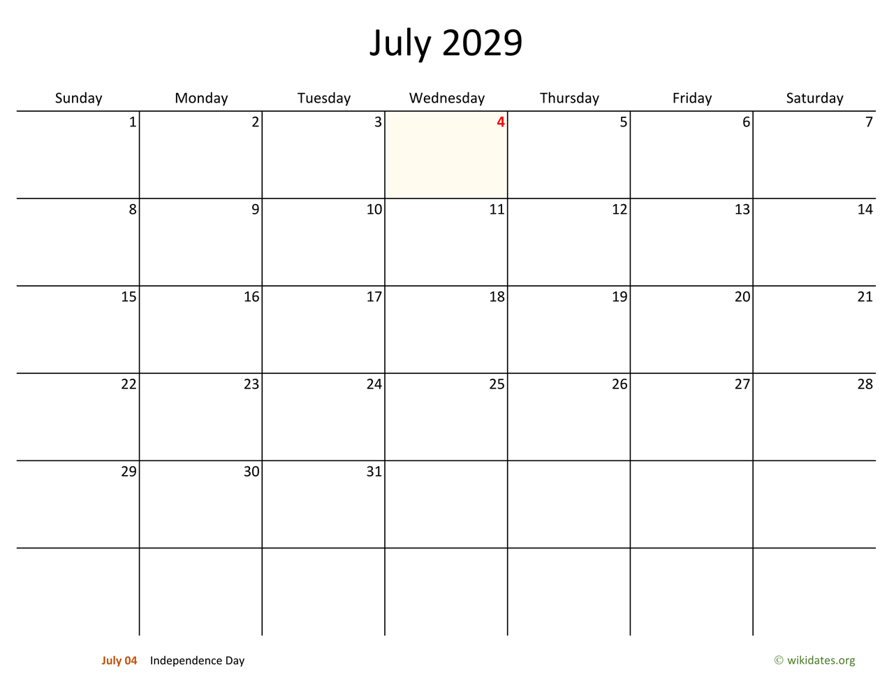 July 2029 Calendar With Bigger Boxes WikiDates