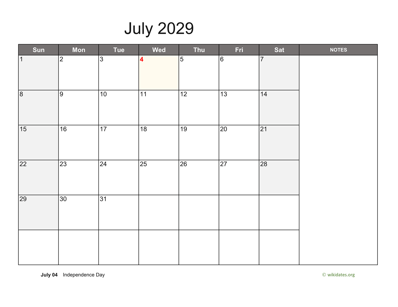 July 2029 Calendar With Notes WikiDates