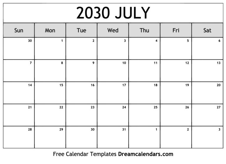 July 2030 Calendar Free Printable With Holidays And Observances