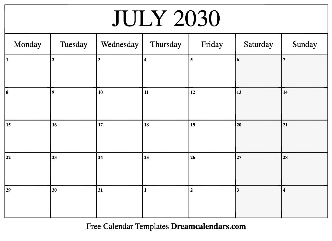 July 2030 Calendar Free Printable With Holidays And Observances