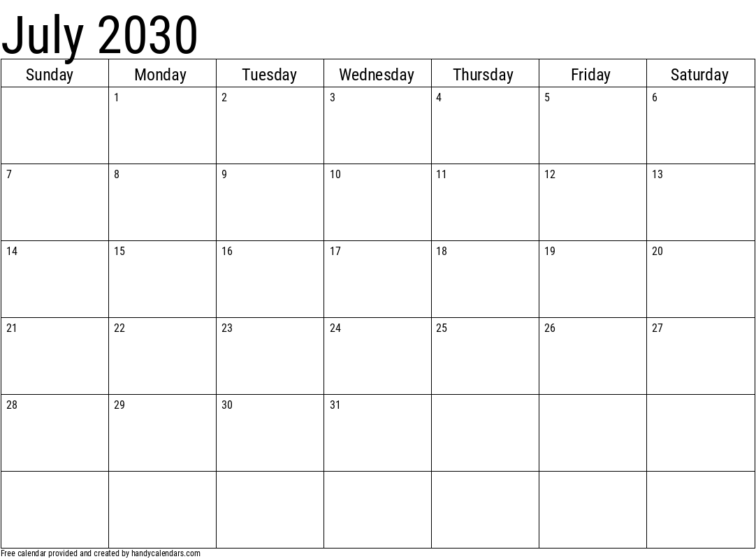 July 2030 Calendar Handy Calendars