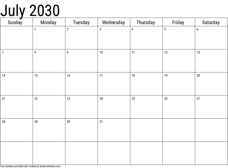 July 2030 Calendar Handy Calendars