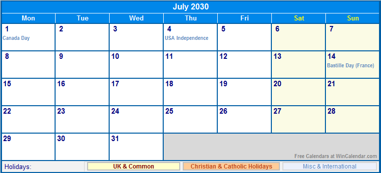 July 2030 UK Calendar With Holidays For Printing image Format 