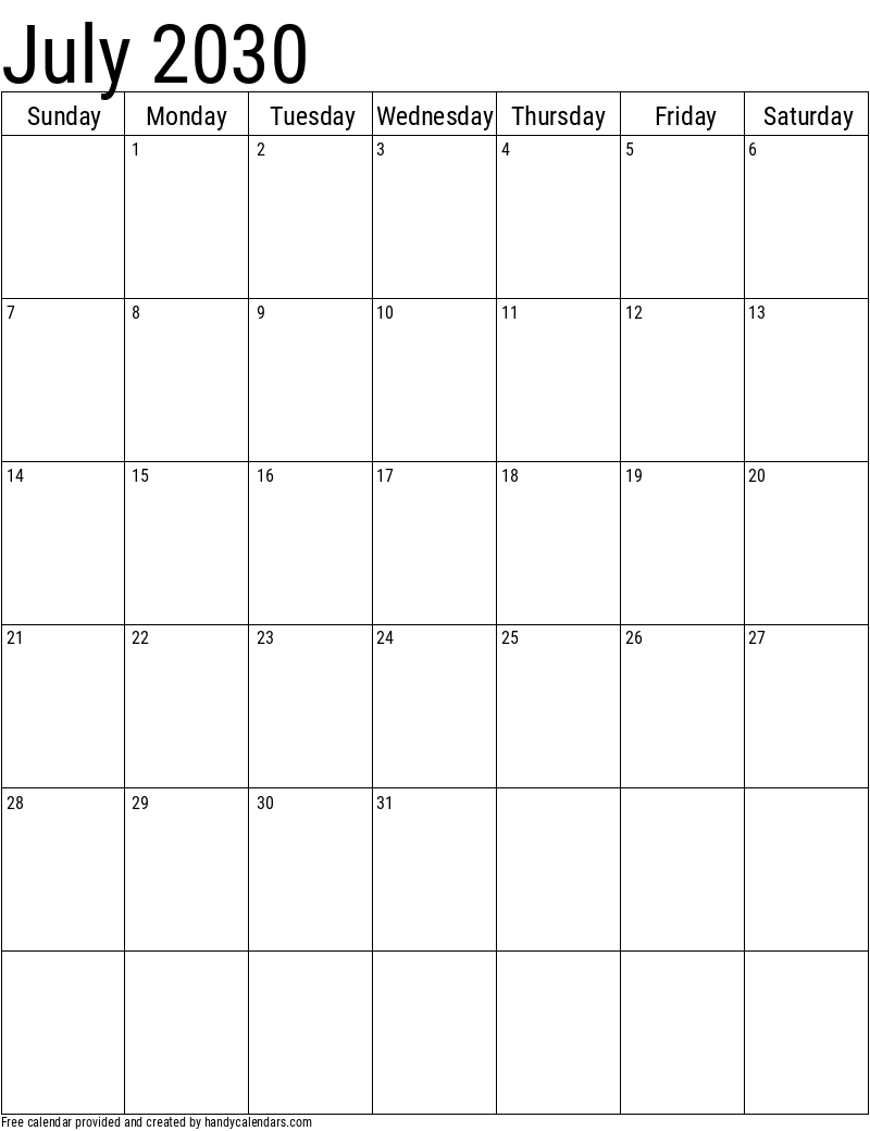 July 2030 Vertical Calendar Handy Calendars
