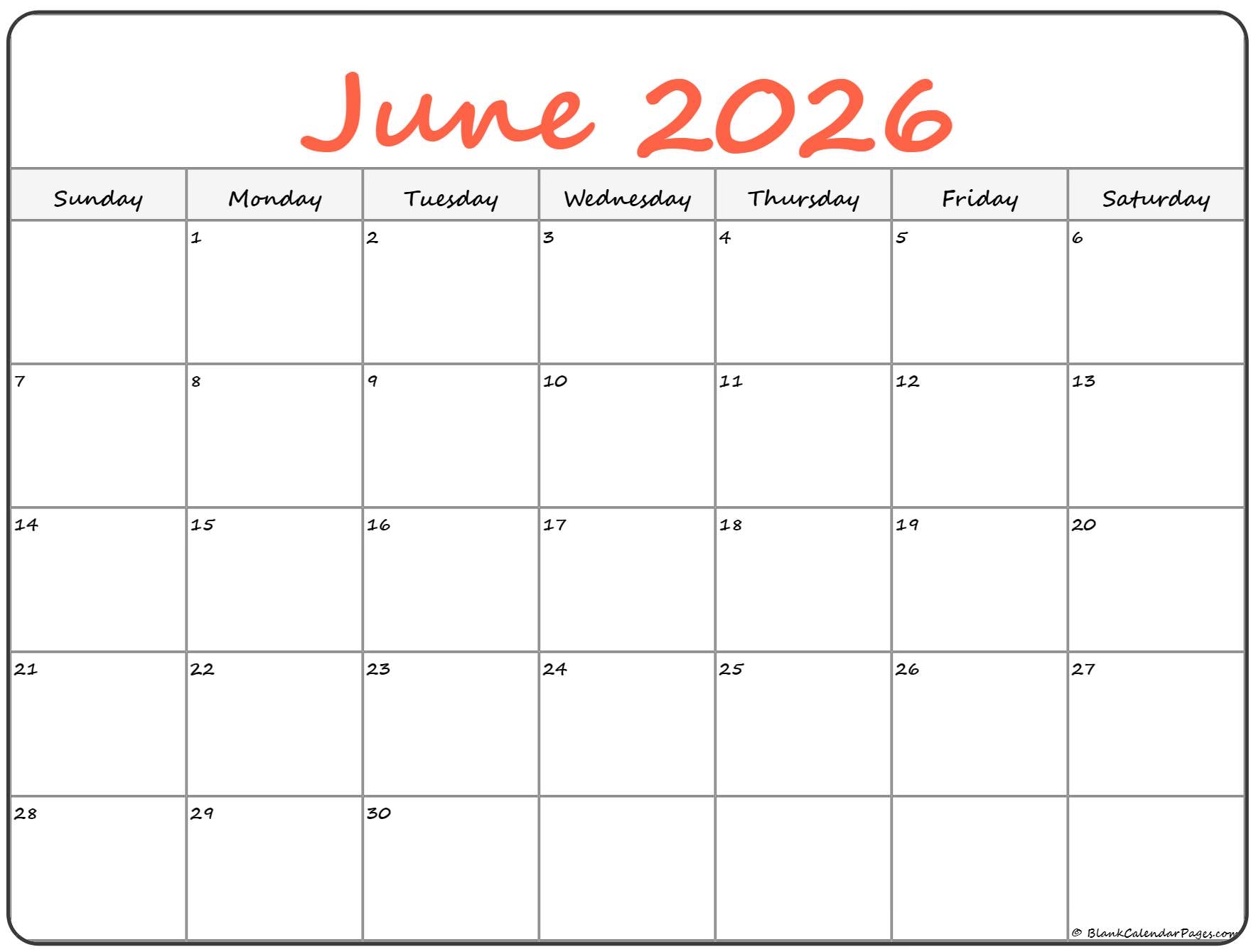 June 2026 Calendar Free Printable Calendars