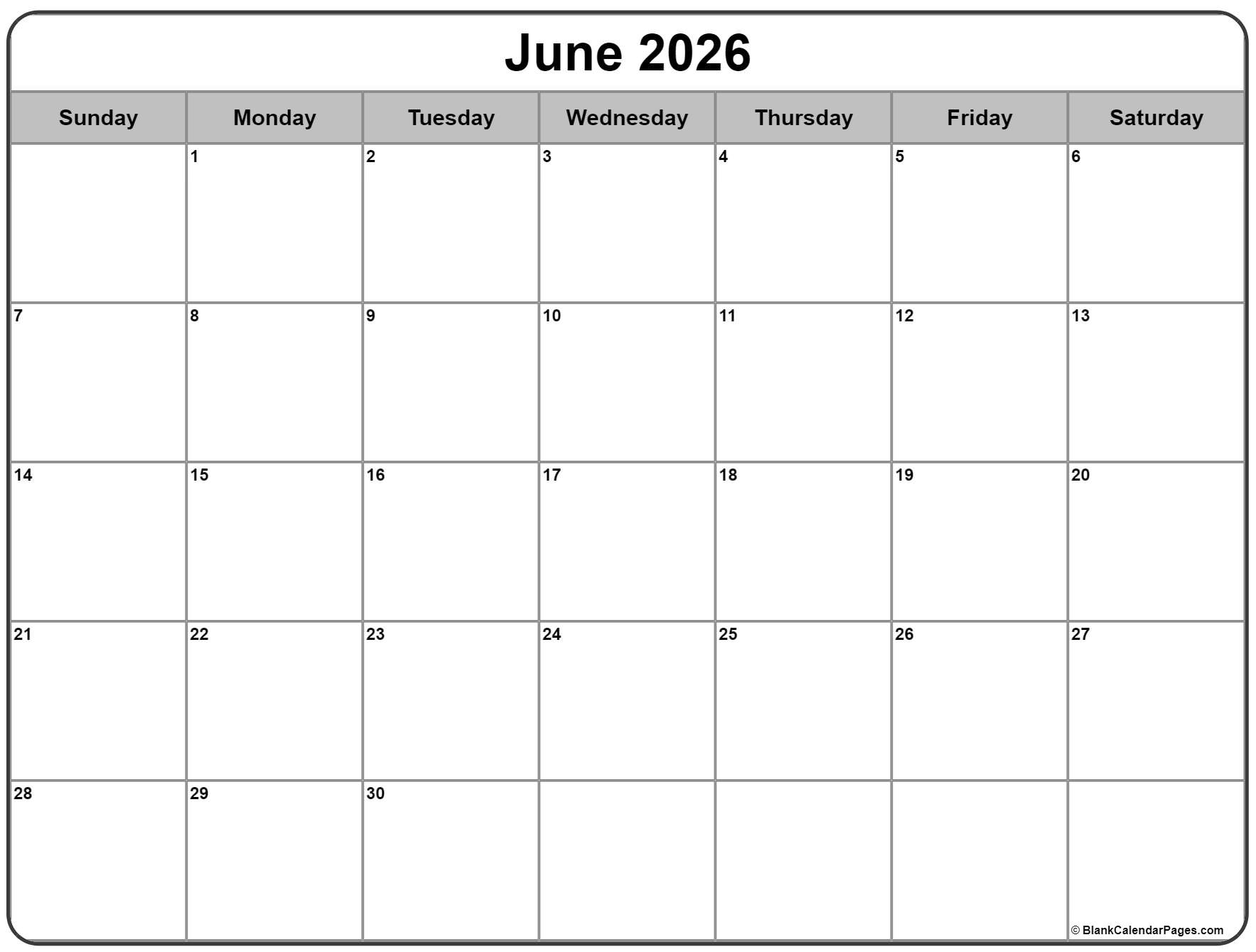 June 2026 Calendar Free Printable Calendars