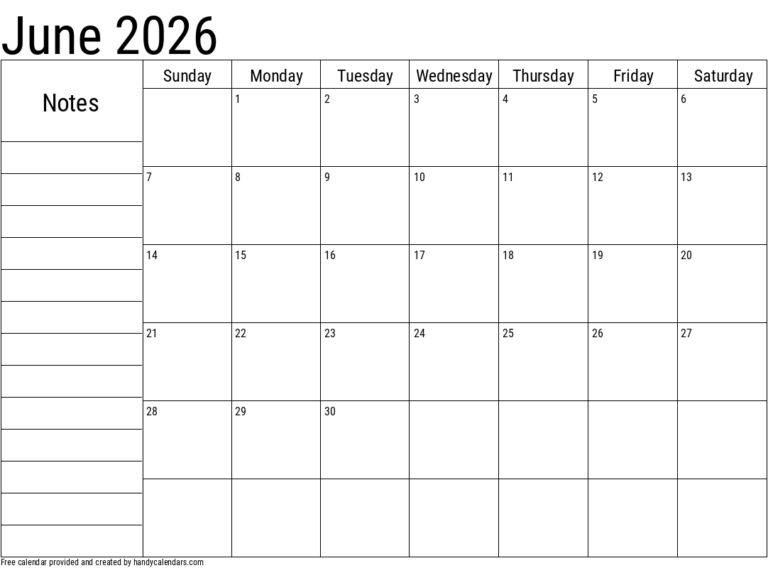 June 2026 Calendar With Notes Handy Calendars