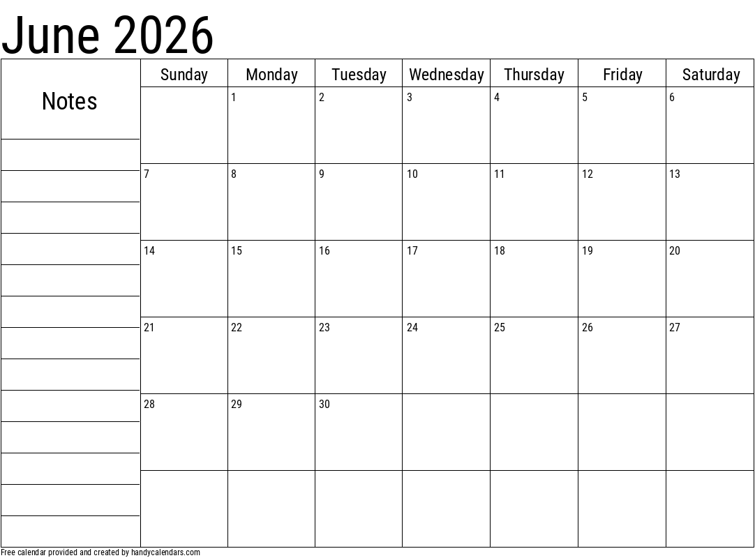 June 2026 Calendar With Notes Handy Calendars