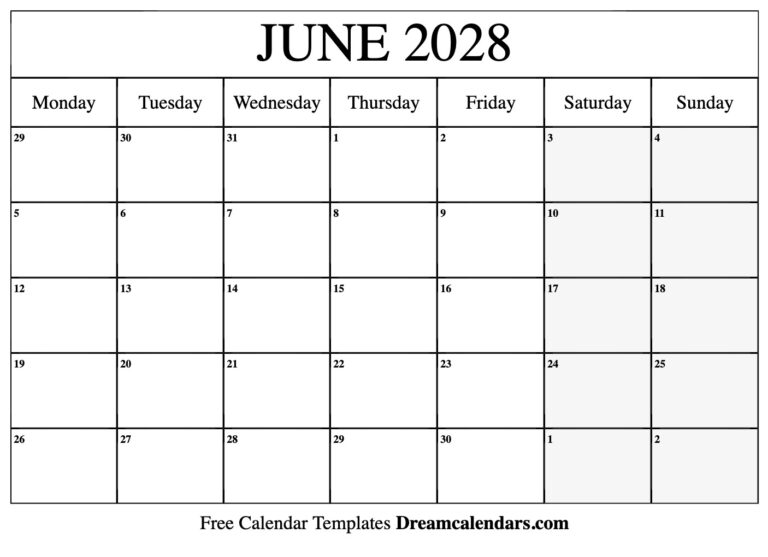 June 2028 Calendar Free Printable With Holidays And Observances