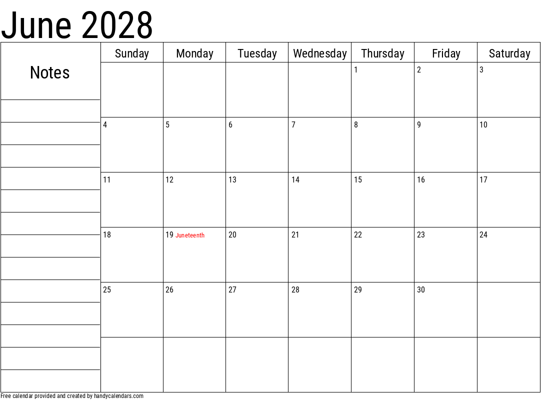 June 2028 Calendar With Notes And Holidays Handy Calendars